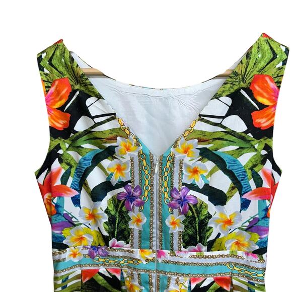 Maggy London Sleeveless Pleated A- Line Bright Floral Hawaiian Dress Women 8 - Picture 5 of 9